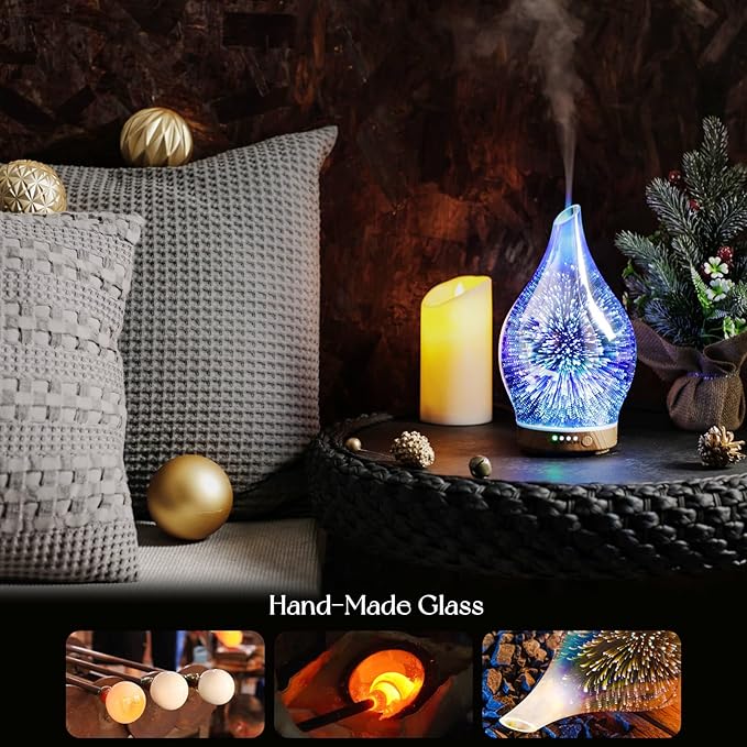 Porseme Oil Diffuser 3D Glass Aromatherapy Ultrasonic Humidifier, Air Refresh Auto Shut-Off, Timer Setting, BPA Free for Home Hotel Yoga Leisure SPA Gift 150ml Last 6H