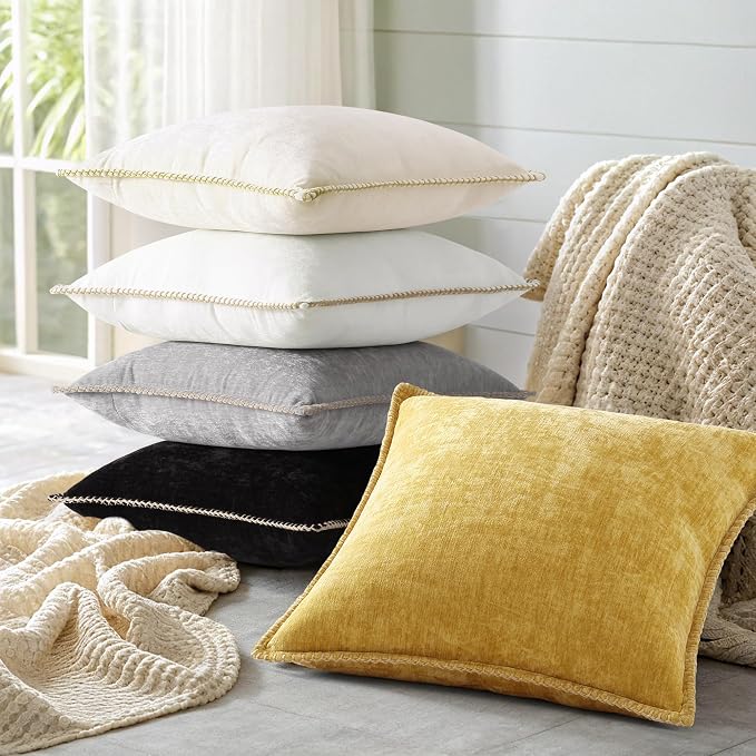 decorUhome Soft Chenille Throw Pillow Covers 24x24 Set of 2 Mineral Yellow | Fall Textured Decorative Throw Pillow Cases Stitched Edge Modern Farmhouse Luxury Boho Velvet for Couch Sofa Bed Home Decor
