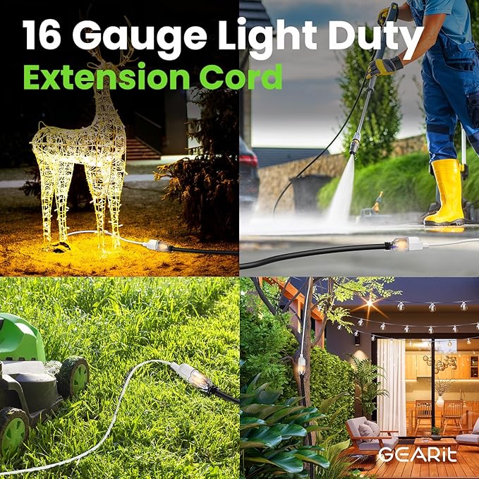 GEARit 25 Ft Extension Cords 16/3 Gauge 360° Rotating Plug Outdoor/Indoor SJTW 16 AWG 3 Prong Heavy Duty Power Cable 13A 125V 1625W for Lawn, Garden, Appliances Black