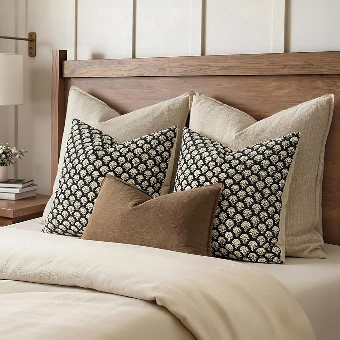 MIULEE Floral Print Decorative Pillow Covers Fall 20x20, Black Gold | Vintage Boho Farmhouse Modern Home Decor, Set of 2, Block Print Cushion Covers for Couch Sofa Bed Living Room