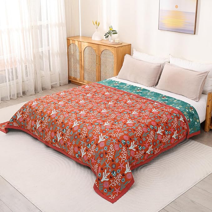 Boho Throw Blanket 80''x90'',100% Cotton Blankets for Couch Bed,Cotton Quilt Travel Muslin Blankets Farmhouse Home Decor Soft Lightweight Picnic Blanket