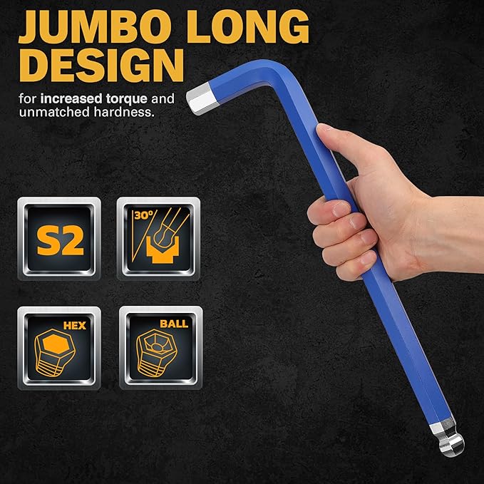 ELEAD Jumbo Hex Key Allen Wrench Set | 13-Piece Metric 2-19mm | Long Ball End Durable S2 | 4" - 13.5" Long | Automotive | Mechanic | Furniture | Professional Grade Tools