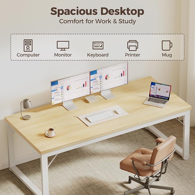 Mericonia 54 Inch Computer Desk, 1" Thick Large Office Table, Oak | Modern Simple Style, Heavy Duty Industrial Frame, Large Study & Writing Table for Home Bedroom Work