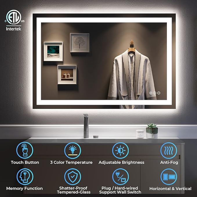 48x32 Inch LED Bathroom Mirror with Lights Front and Backlit Lighted Vanity Mirror for Bathroom Wall with 3 Colors Dimmable Anti-Fog Memory Shatter-Proof IP54 Waterproof Horizontal/Vertical