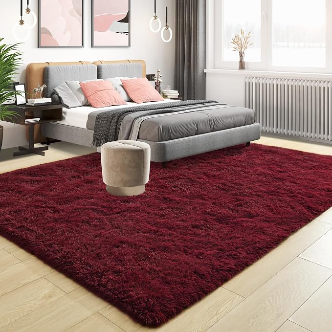 Tepook Fluffy Burgundy Rugs for Living Room, 5x8 Dark Red Area Rug for Bedroom, Soft Shaggy Plush Floor Carpet for Kids Girls Boys Room, Indoor Non Slip and Washable Carpets for Nursery Home Decor
