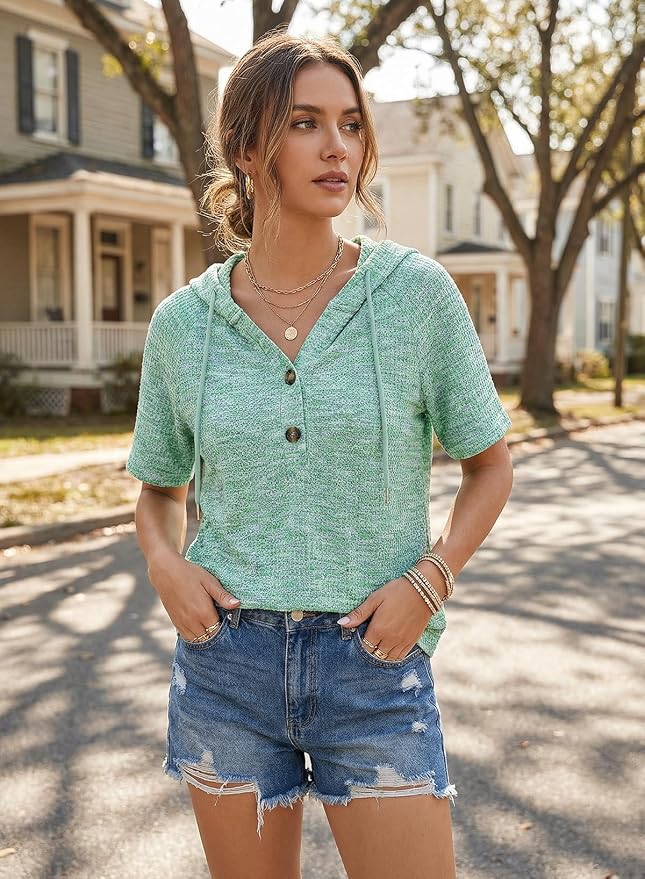 Dokotoo Womens Summer Tops 2026 Short Sleeve Button V Neck Waffle Knit Lightweight Drawstring Hoodies Casual Blouses Shirts