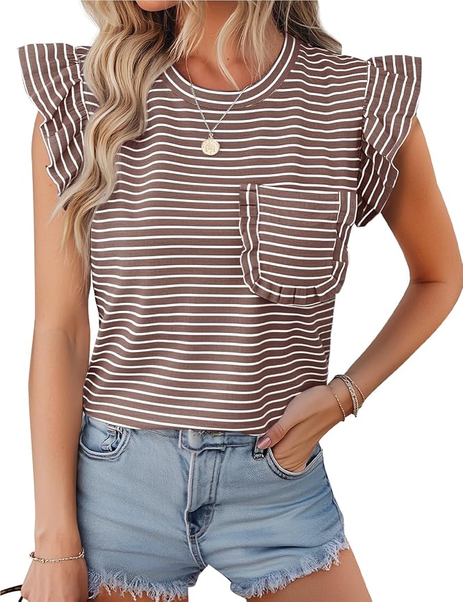 JUSTFASHIONNOW Womens Summer Tops Striped T-Shirts 2026 Ruffle Short Sleeve Crew Neck Casual Blouses with Pocket