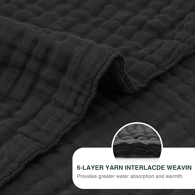 Love's cabin 100% Cotton Muslin Blanket, 6 Layer Lightweight Breathable Gauze Large Throw Blanket 50 x 70 Inches, Soft Cooling All Season Blanket for Couch or Sofa, Black