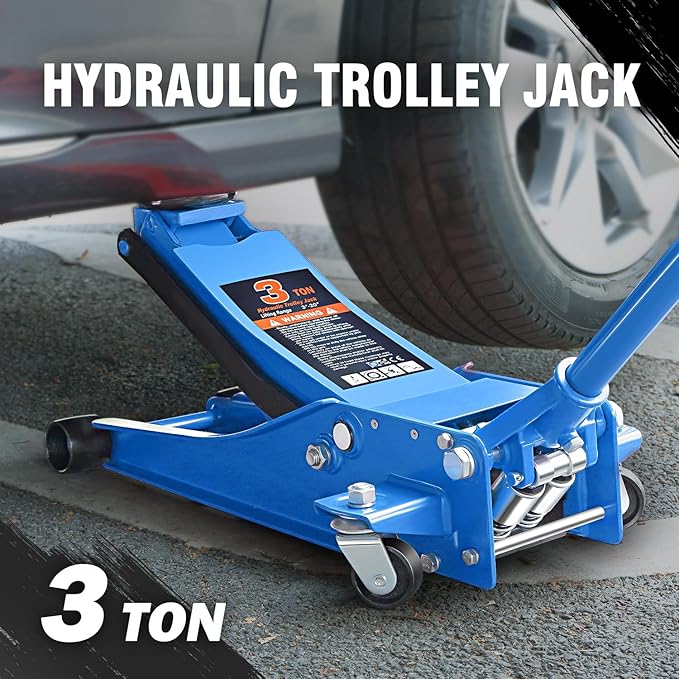 PM PERFORMOTOR Low Profile Hydraulic Trolley Service/Floor Jack, 3 Ton (6000 lbs) Capacity, Lifting Range 3"-20",Blue,PM-TOL-FJ30-BL