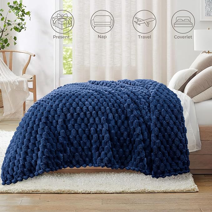 Whale Flotilla Soft Fleece Queen Size Bed Blanket 3D Jacquard, Navy Blue | Lightweight Breathable Coverlet Bedspread for All Seasons, Super Cozy Plush Fluffy Fuzzy Decorative Blanket for Bed, 90"x90"