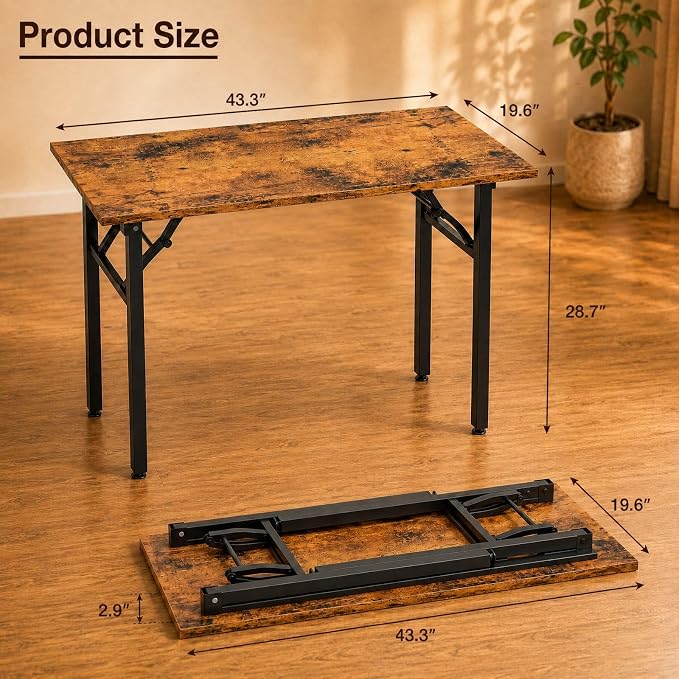 Folding Table Computer Desk - 43.3" No Assembly Folding Desk Design and Foldable Office Desk, Small Desk for Bedroom, Compact Storage Portable Use for Dorm and RV Small Space, Rustic Brown