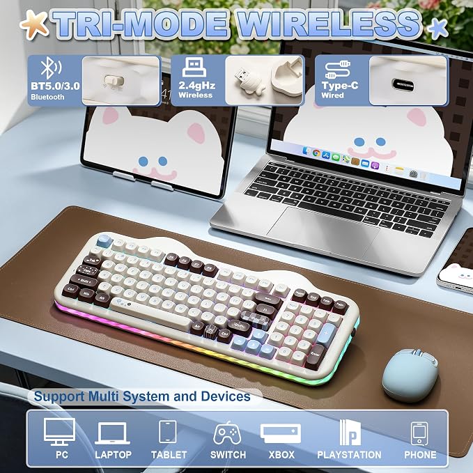 YUNZII C98 Cute Cake Wireless Mechanical Keyboard(Choco, Candy Switch) | 99 Keys with Number Pad, Hot Swap, PBT MOA Keycaps, BT5.0/2.4G/USB-C, Gasket Mount, Custom RGB Backlit for Win/Mac