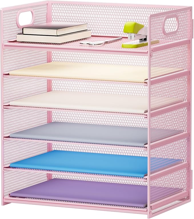 Marbrasse 6 Tier Paper Organizer Letter Tray - Mesh Desk File Organizer with Handle, Paper Sorter for Letter/A4 Office File Folder Holder -Pink