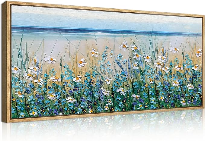 Large Blue Seaside Cyan Floral Wall Painting wildflower Blossom Art Framed Artwork for Living Room Bedroom 20x40 Inch