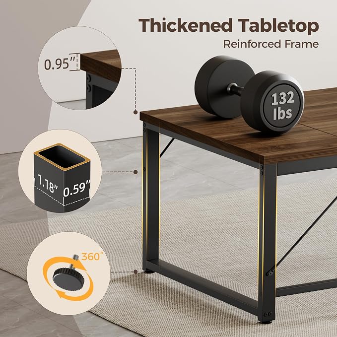 Mericonia 63 Inch Computer Desk, 1" Thick Large Office Table, Walnut | Modern Simple Style, Heavy Duty Industrial Frame, Large Study & Writing Table for Home Bedroom Work