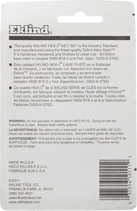 EKLIND 10111 Hex-L Key allen wrench - 11pc set SAE Inch Sizes .050-1/4 Short series