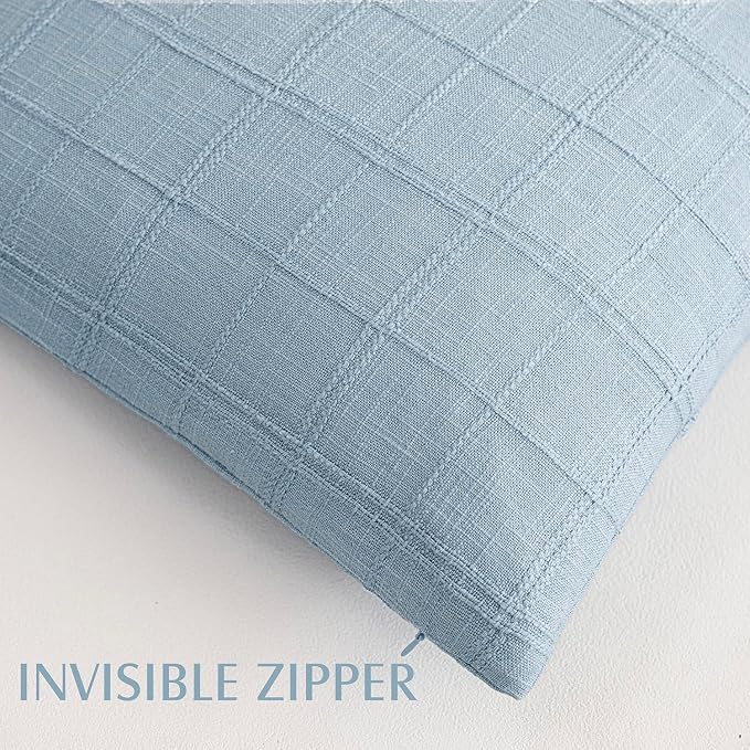 Foindtower Set of 2 Decorative Linen Check Throw Pillow Covers Neutral Farmhouse Vintage Cushion Covers Modern Boho Accent Home Decor for Sofa Chair Couch Bedroom Living Room,18×18 Inch,Sky Blue