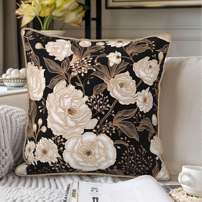 Vintage Peonies Roses Flower Velvet Pillow Covers 18x18 Inch Gold White Aesthetic Floral Leaves Throw Pillows For Couch Cushion Covers Pillowcase Farmhouse Pillow Cases for Sofa Bed Living Room