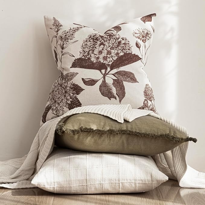 Foindtower Set of 2 Linen Floral Throw Pillow Covers Neutral Vintage Print Decorative Cushion Covers Farmhouse Boho Home Decor for Sofa Chair Couch Bedroom Living Room,20×20 Inch,Dark Brown