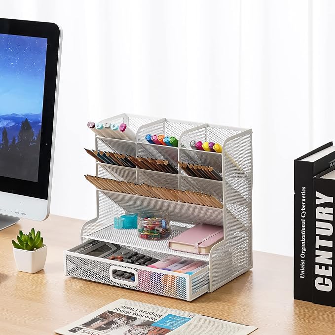 Marbrasse Mesh Desk Organizer - Multi-Functional Pen Holder with Drawer, Desktop Stationary Storage Rack for School, Home, Office, Art Supplies (White Mesh)