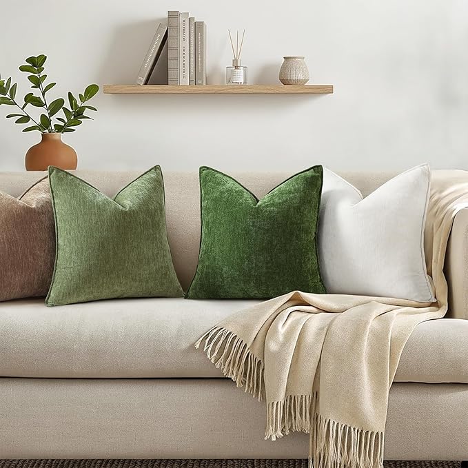 decorUhome Chenille Olive Green Velvet Throw Pillow Covers 16x16 Set of 2 | Fall Soft Couch Decorative Modern Farmhouse Pillow Cases with Elegant Design for Sofa Bed Living Room Home Decor