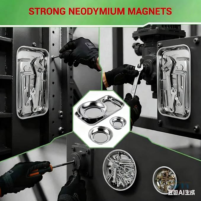 4PC Magnetic Tool Set: Magnetic Bowl + 2 Sizes Magnetic Trays + 25" Telescoping Pickup Tool – Durable Magnetic Parts Tray for Garage/Mechanics/DIY Repairs