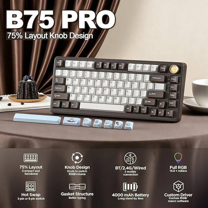 YUNZII B75 PRO 75% Wireless Mechanical Keyboard (Coffee Brown, Cocoa V2) | Hot Swap Keyboard with Knob, Gasket Mount, Creamy Pre-lubed Switch for Smooth Typing, BT/USB-C/2.4G, for Gaming