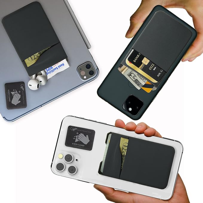 Gecko Travel Tech Double Pocket - Adhesive Card Holder - Cell Phone Pouch - Stick on Spandex Pocket - Carry Credit Cards and Cash (GRAY-BLANK-)