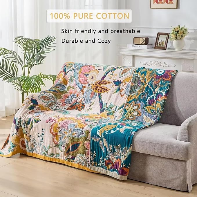 Boho Throw Blanket Farmhouse Decor Throw Blanket Bohemian Blanket for Bed 100% Cotton Muslin Woven Couch Blanket All Seasons Quilt Bedroom (C-Beige, 90"x98")