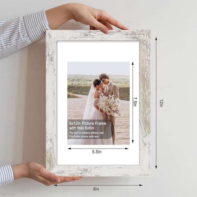 Hongkee 8x12 Picture Frame Set of 4, Made of Real Glass and Multicolour Wooden Frame, 8 by 12 Photo for Wall or Tabletop - Display Picture 6x8 with Mat or 8x12 Without Mat