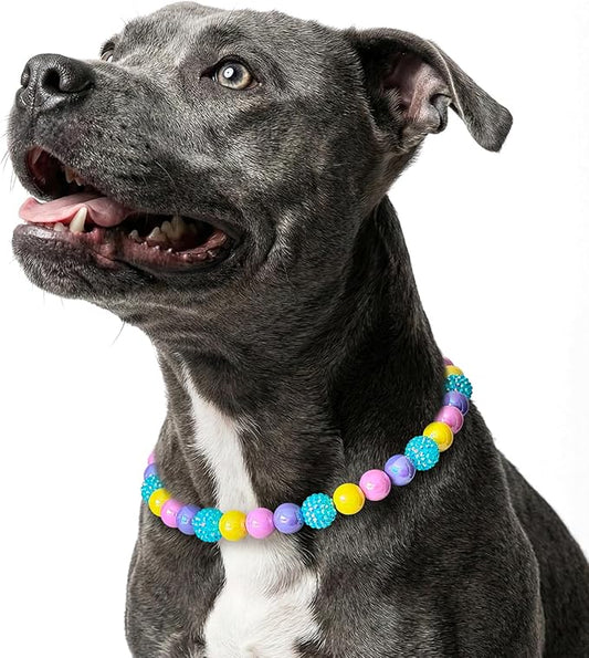 Beaded Dog Necklace Collar, Adjustable Jewelry-Inspired Design with Sparkle Beads (Iridescent Pastels, Medium)
