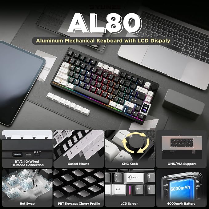 YUNZII AL80 75% Wireless Aluminum Mechanical Keyboard(Black, Cocoa Cream) | QMK/VIA, Smart LCD Display and Knob, Hot Swap, Gasket Structure, BT/2.4G/USB-C, RGB Keyboard for Gaming/Win/Mac
