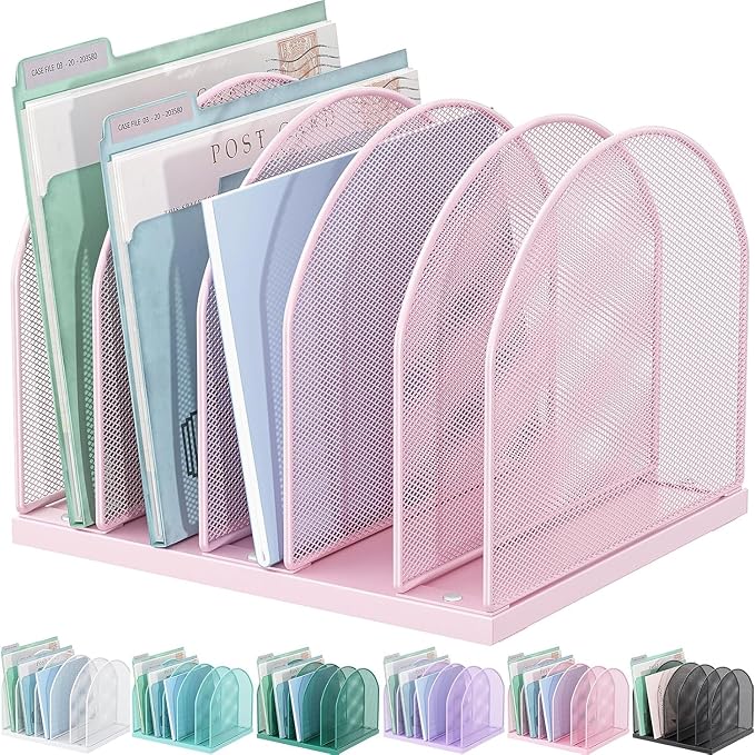 gianotter Desktop File Organizer with 5 Compartments | Desk Organizer Paper Organizer for Desk Workspace Organizers for Office Supplies (Pink, Upright Style)