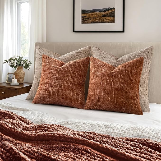 MIULEE Chenille Textured Fall Euro Throw Pillow Covers Burnt Orange 24x24 | Set of 2, Slubby Decorative Pillows, Boho Farmhouse Home Decor, Modern Neutral Cushion Covers for Couch Sofa Bed Living Room