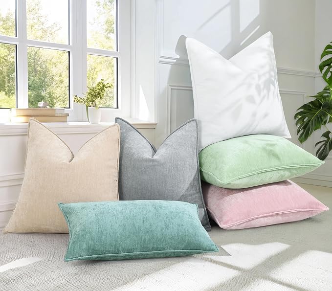 decorUhome Chenille Sage Green Velvet Throw Pillow Covers 26x26 Set of 2 | Fall Soft Euro Sham Couch Decorative Modern Farmhouse Pillow Cases with Elegant Design for Sofa Bed Living Room Home Decor