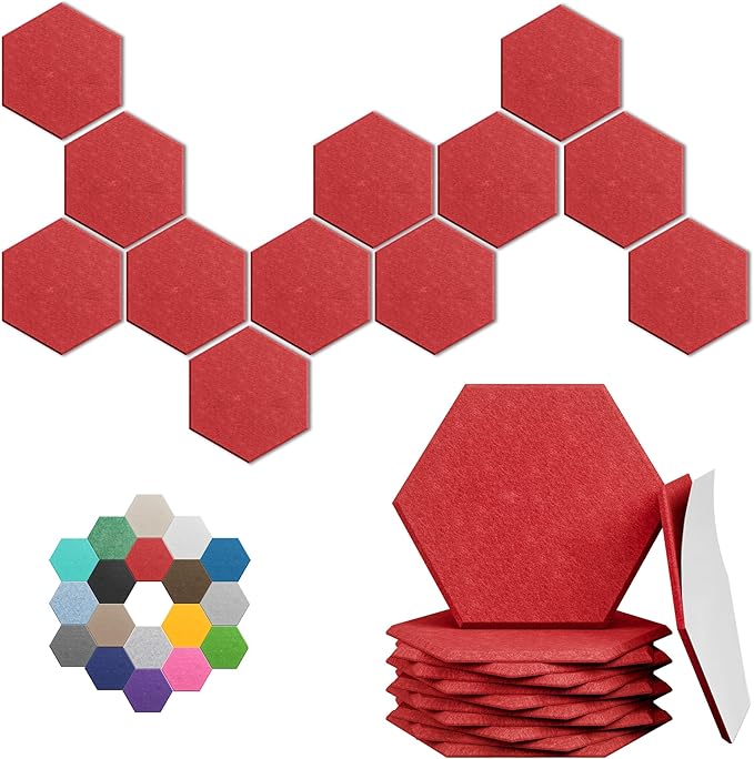 Hexagonal Acoustic Panels-12 Pack High-Density Sound Absorbing Panels 12"X10"X0.4" for Enhanced Noise Reduction, DIY Design, Idea for Studios, Offices, and Home Theaters(Cherry Red)
