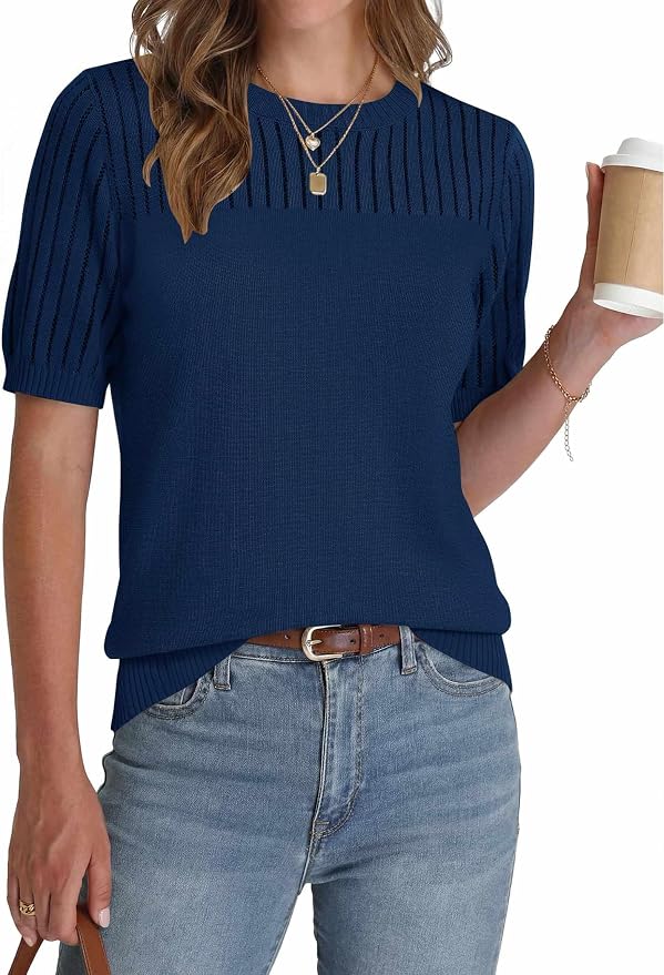 Zeagoo Women's Short Sleeve Sweater Tops 2026 Spring Summer Crew Neck Hollow Out Blouses Dressy Business Casual Outfits