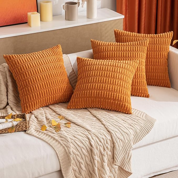 MIULEE Fall Pack of 2 Burnt Orange Corduroy Decorative Euro Sham Pillow Covers 24x24 Inch Soft Boho Striped Throw Pillow Covers Modern Farmhouse Home Decor for Sofa Living Room Couch Bed