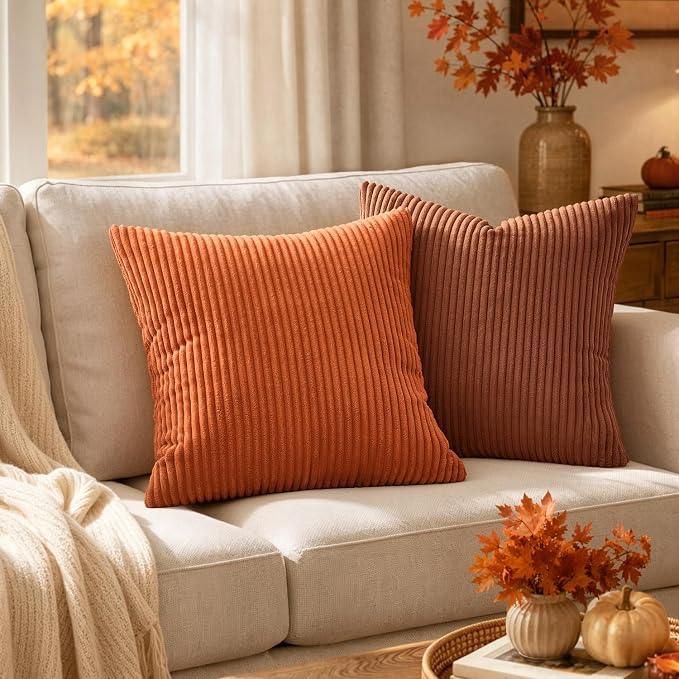 MIULEE Fall Decorative Corduroy Throw Pillow Covers Set of 2 16x16 Orange | Soft Striped Textured Cushion Cases, Boho Energetic Vibe Pillowcases for Home Decor, for Couch Chair Sofa Bed Living Room