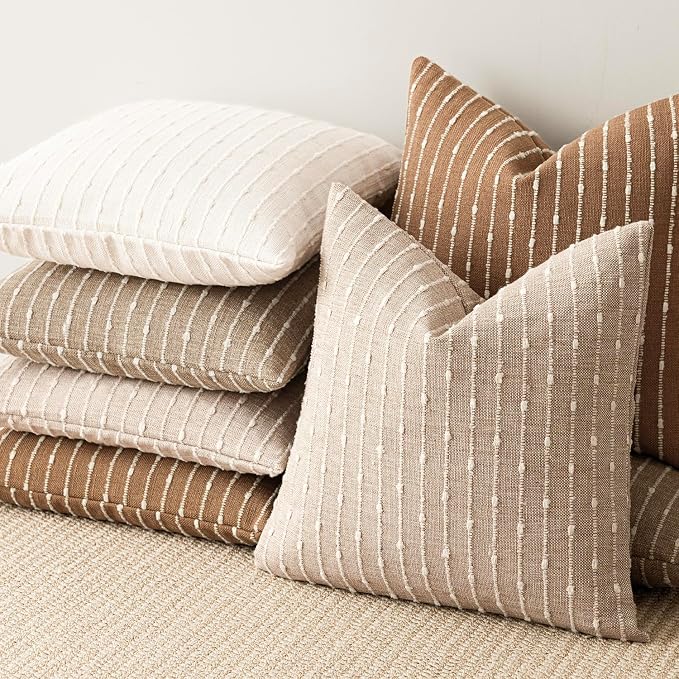 Foindtower Pack of 2 Decorative Jacquard Boucle Throw Pillow Covers Accent Textured Striped Pillowcases Soft Boho Modern Cushion for Couch Sofa Bedroom Living Room Home Decor 22x22 Inch Natural Beige