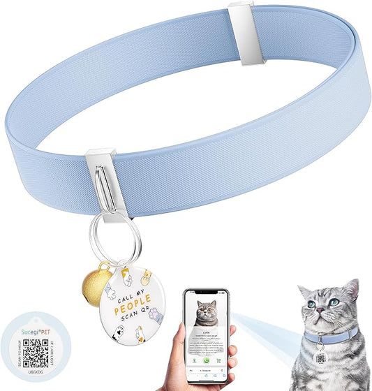 Cat Collar with Bell, Stretch Elastic Quick Release, Modifiable Pet Online Profile Page, Multiple Emergency Contact, Non Breakaway Lightweight Kitten Collar for Girl Cats, Pet Supplies, Gifts, Blue