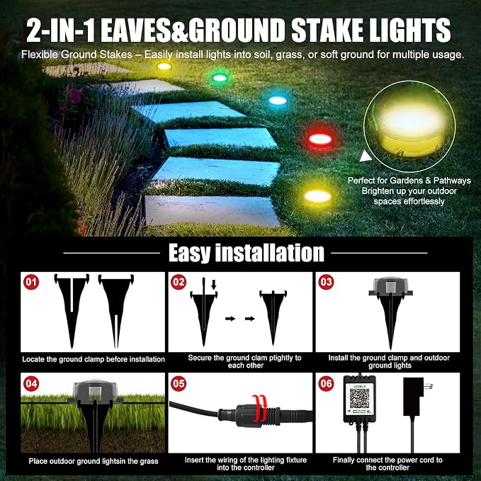 100 FT 2-in-1 Eaves & Ground Stakes LED String Lights, Outdoor RGB Light with App & Remote Control for House, Garden, and Landscape, Waterproof Smart Color-Changing Lighting for Holiday Everyday Decor