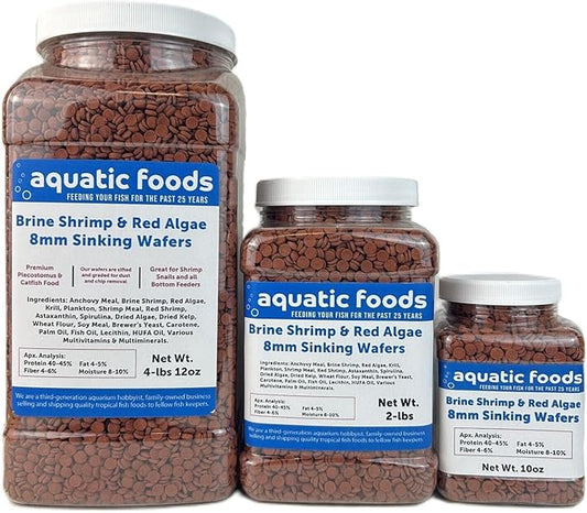 Aquatic Foods Inc. 8mm - 1/3" Brine Shrimp & Red Algae Color Enhancing Sinking Wafers for Shrimp, Snails, Crabs, Plecos, Catfish. Bottom and All Tropical Fish...WL 10oz Sm Jar
