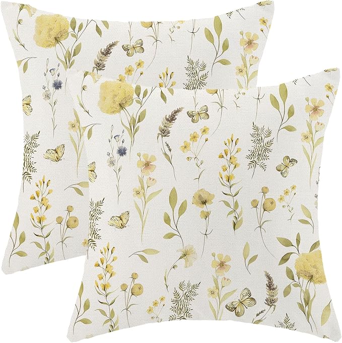 Spring Pillow Covers 20x20 Inch Set of 2, Mustard Yellow Green Wild Flower Throw Pillows Case,Colorful Seasonal Floral Plant Outdoor Decorative Farmhouse Decor Cushion Covers for Sofa Bed Couch