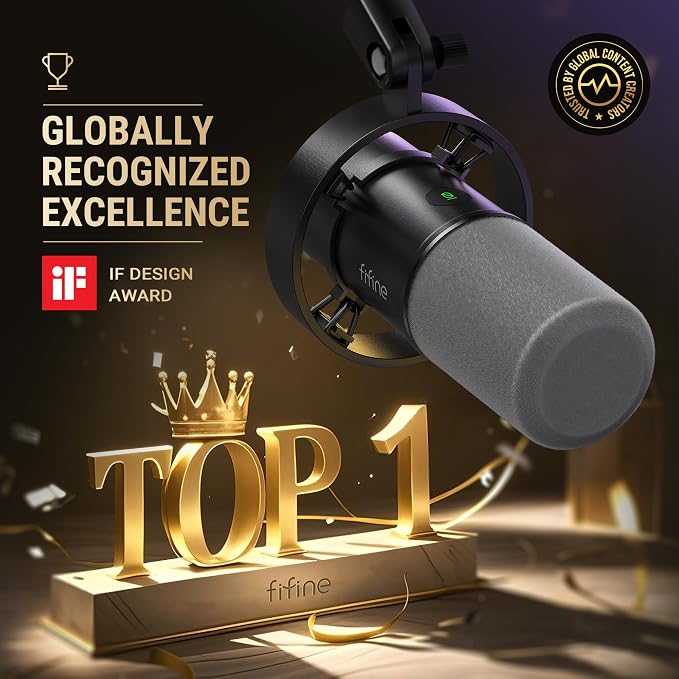 FIFINE AmpliTank K688T Dynamic Microphone Set, Podcast XLR/USB Mic | Studio Streaming Mic with Heavy Duty Boom Arm, Mute Tap, Headphone Jack, for Vocal Content Creation Recording, Metal Built