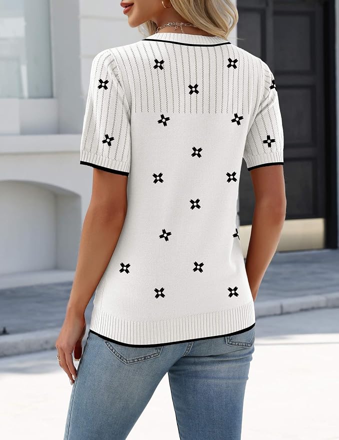 Zeagoo Women's Short Sleeve Sweater Tops 2026 Spring Summer Crew Neck Hollow Out Blouses Dressy Business Casual Outfits