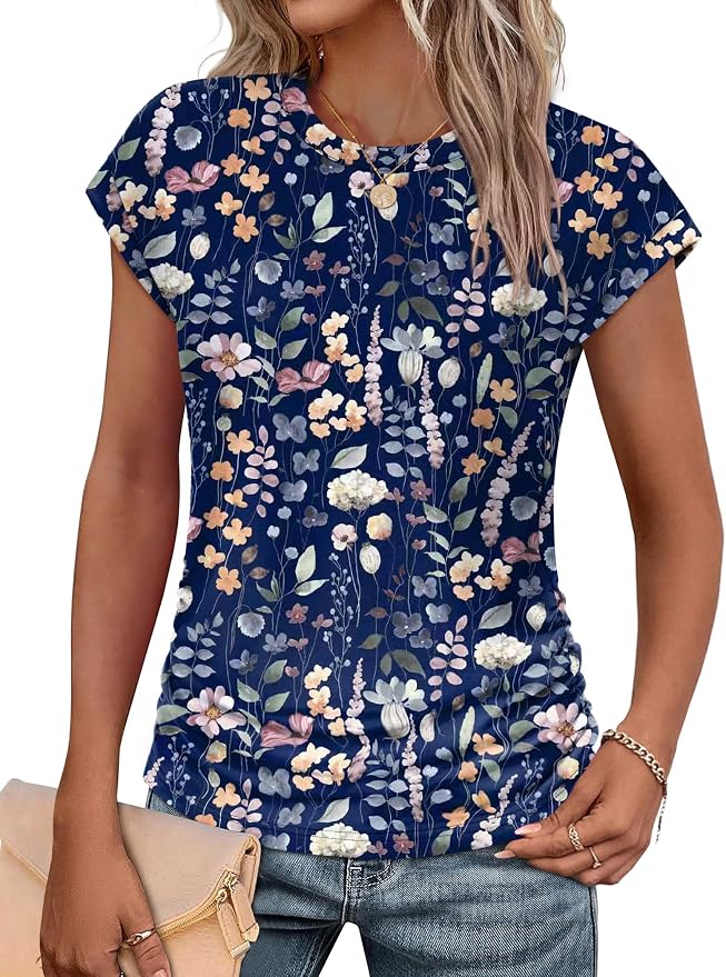 Sampeel Womens Summer Tops Trendy 2026 Ruched Cap Short Sleeve Tshirts Shirts Crew Neck T Shirts Fashion