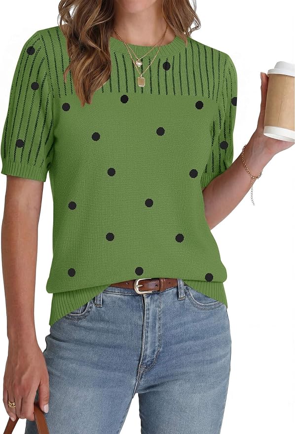 Zeagoo Women's Short Sleeve Sweater Tops 2026 Spring Summer Crew Neck Hollow Out Blouses Dressy Business Casual Outfits