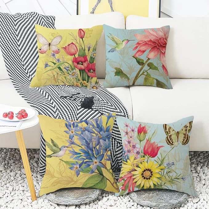 wyooxoo Spring Summer Pillow Covers 20x20 Set of 4 Decorative Throw Pillow Covers Linen Flower Butterfly Farmhouse Pillowcases for Sofa Couch Living Room Outdoor