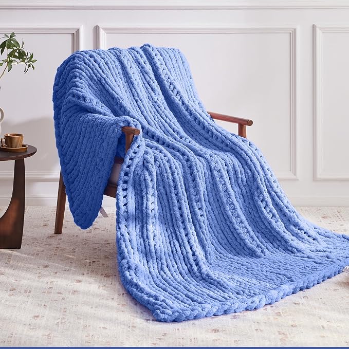 Negwoo Chunky Knit Throw Blanket, Knitted Throw Chenille Yarn, 40"*50" | Soft Thick Cable Knitted Blankets, Handmade Big Thick Blanket, Machine Washable Cute Comfy Blanket for Home Decor, Light blue